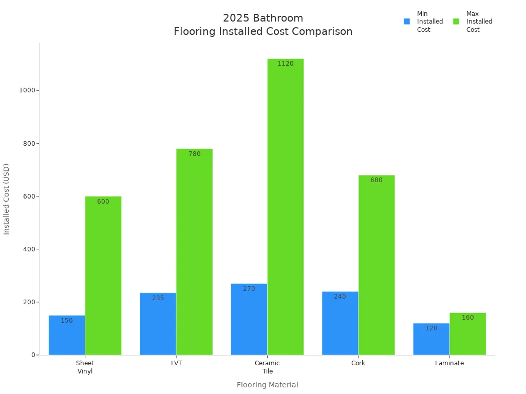 Bar chart comparing installed costs of LVT, sheet vinyl, ceramic tile, cork, and laminate flooring in 2025