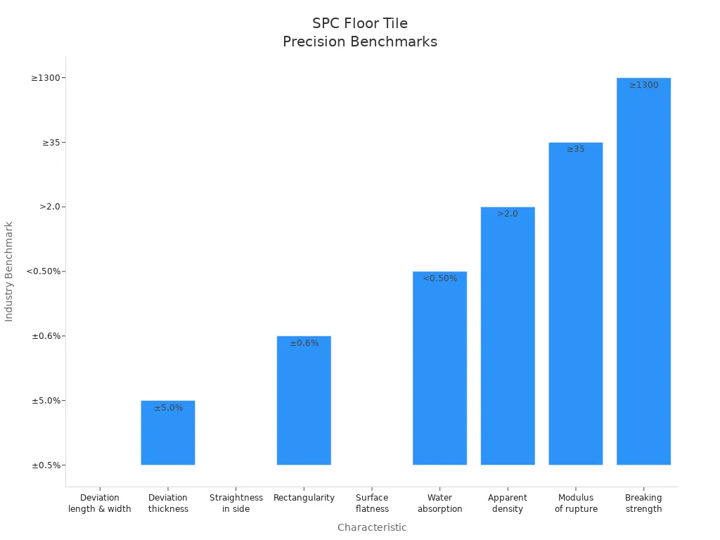 Bar chart showing SPC floor tile machine precision and consistency benchmarks