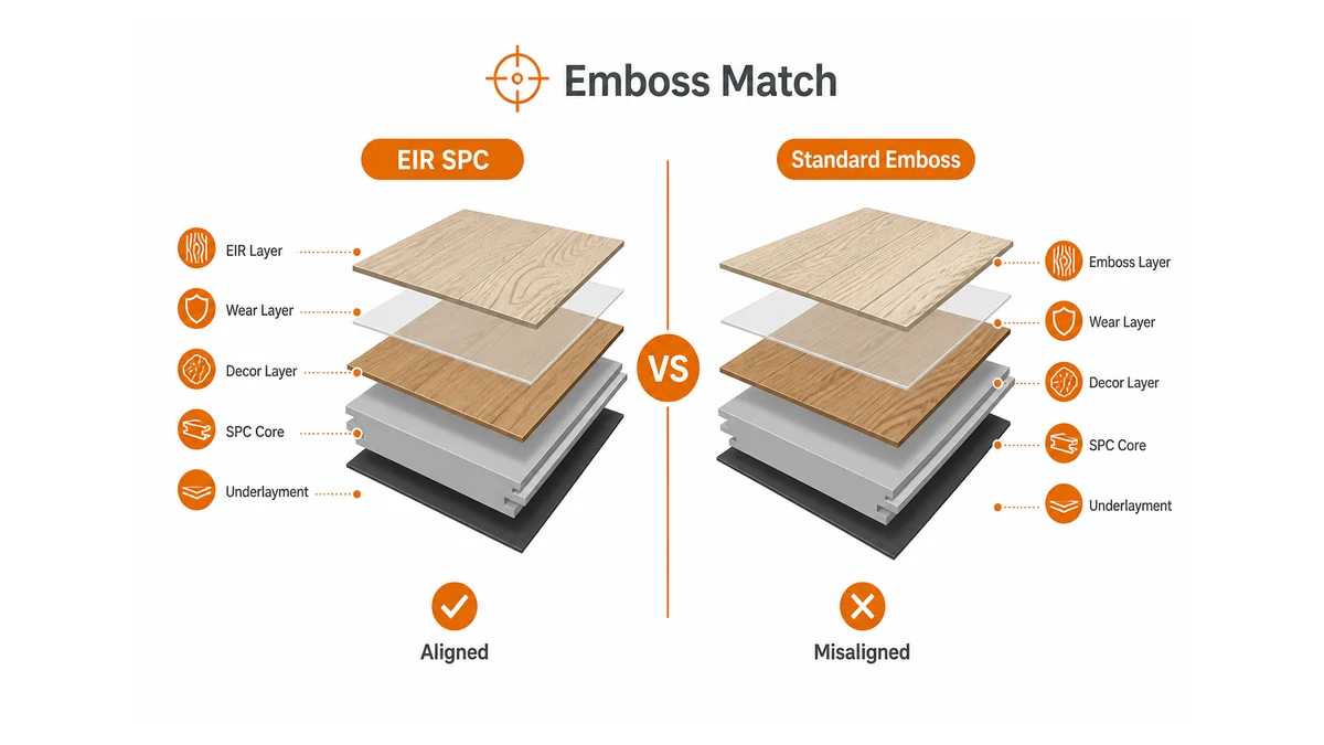 side-by-side cross-section diagram of EIR SPC flooring layer stack vs standard embossed SPC layer stack showing emboss registration difference