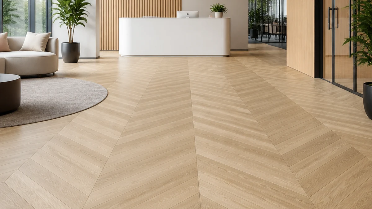 chevron SPC flooring installed in a bright commercial reception area, directional V-pattern catching daylight, editorial interior photography