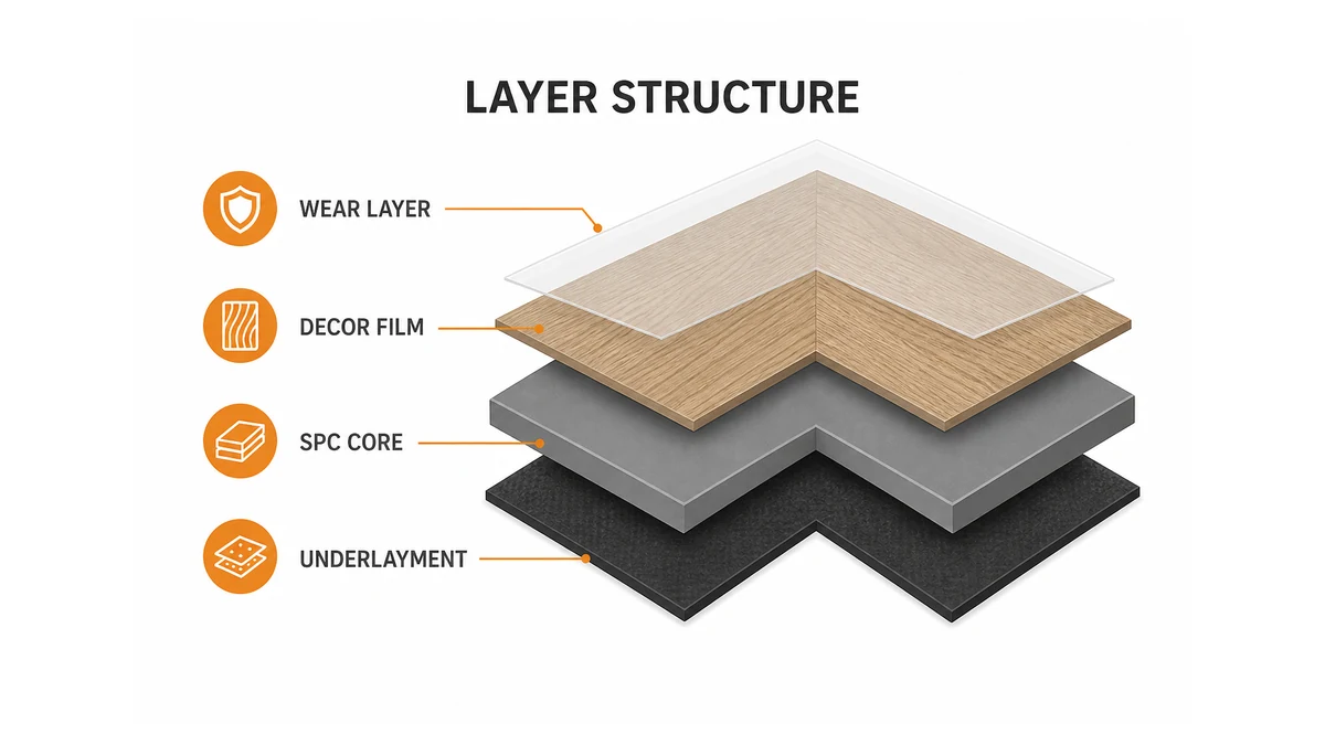 cross-section layers of a chevron SPC flooring plank showing wear layer, decor film, rigid SPC core, and attached underlayment